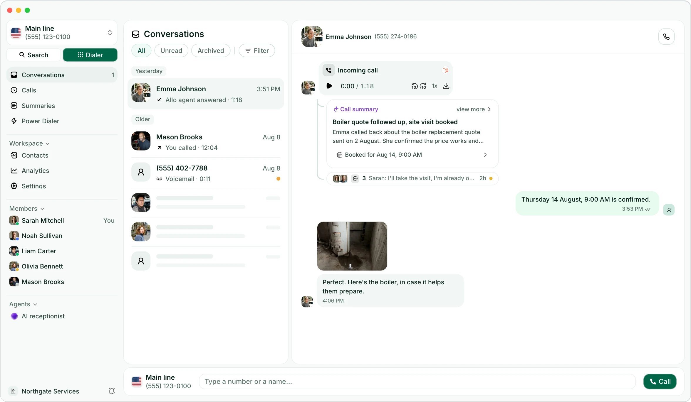 The Allo desktop app: the team inbox with calls, texts and AI call summaries