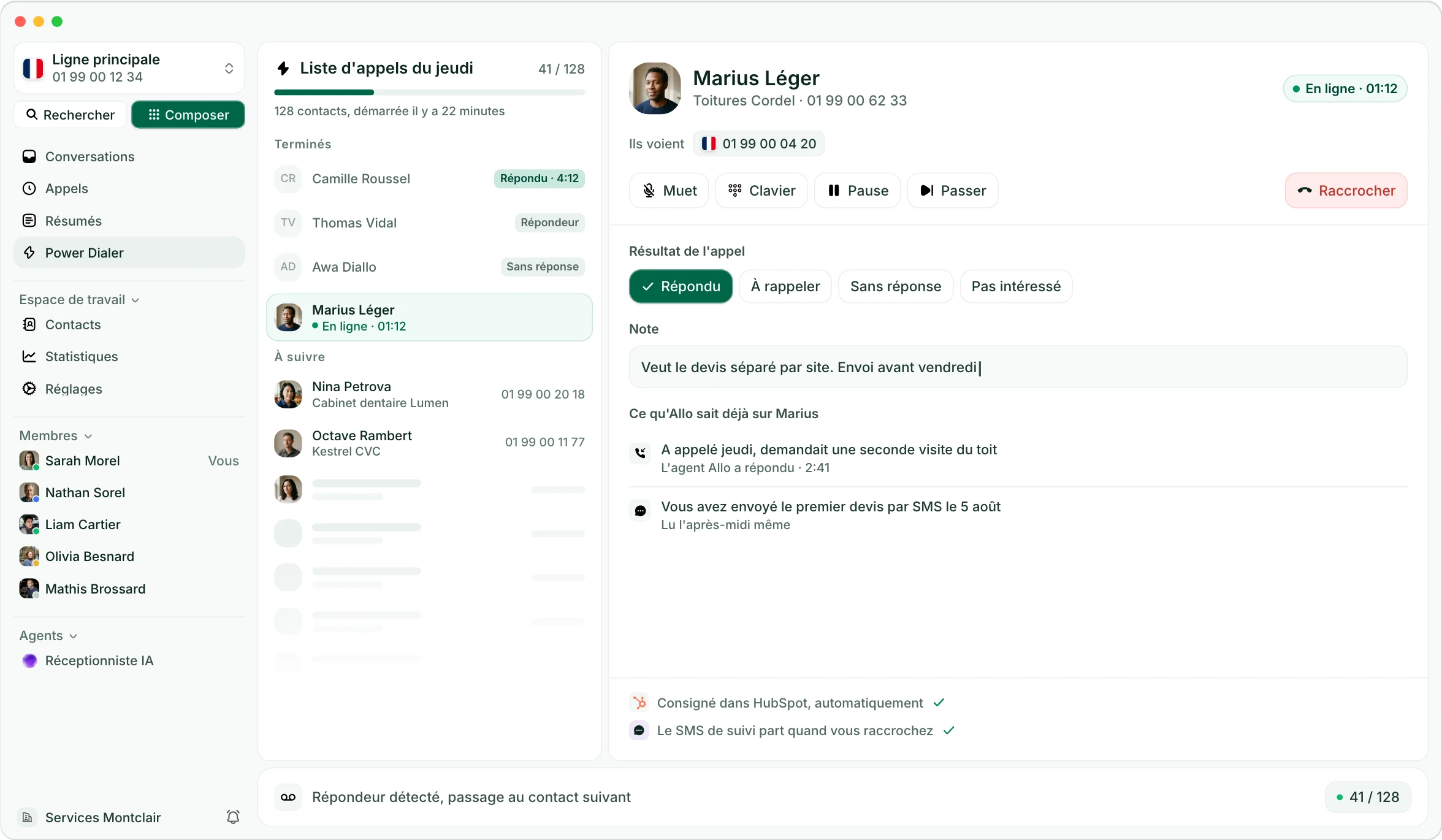 L'application Allo sur ordinateur : le power dialer et sa file d'appels