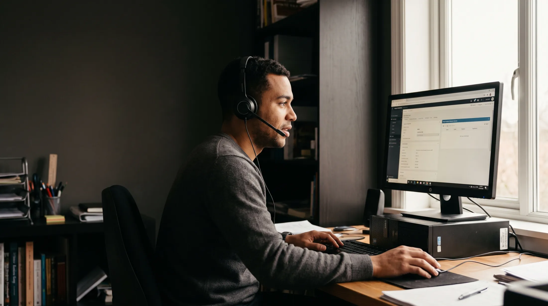 A support agent on a headset call at a desk