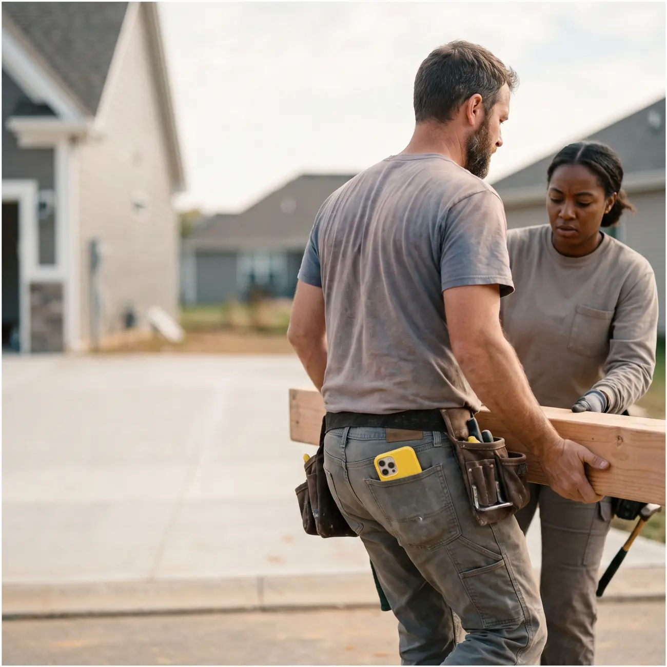 Two tradespeople carrying timber on a job site, a yellow-cased iPhone sticking out of one's back pocket