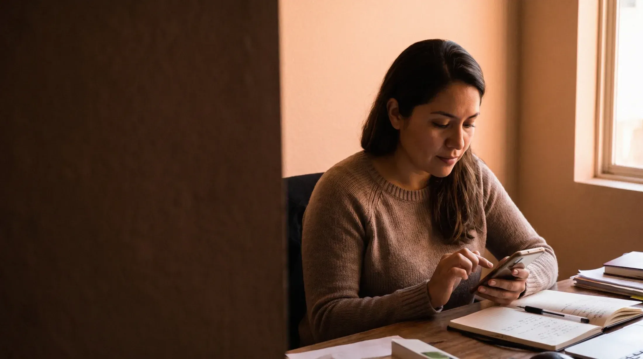An operations lead reviewing notes during a call at a desk